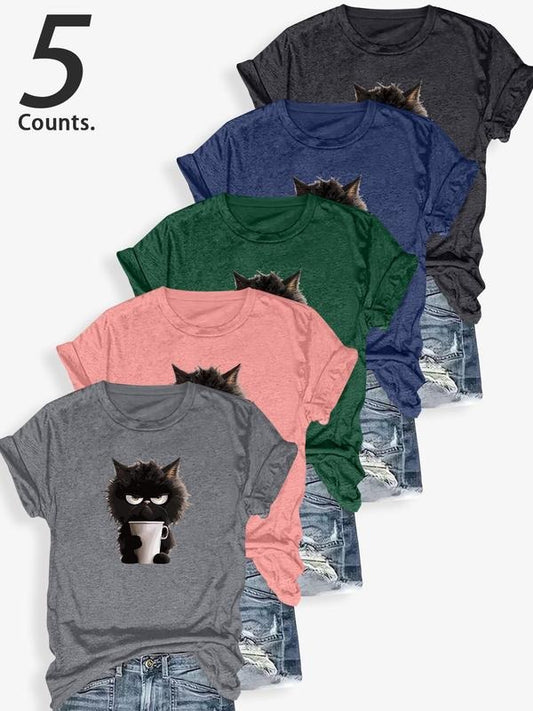 Women's Cartoon Cat Print Round Neck Tee, Casual Short Sleeve Crew Neck T-Shirt for Daily Wear, Ladies Clothes for All...