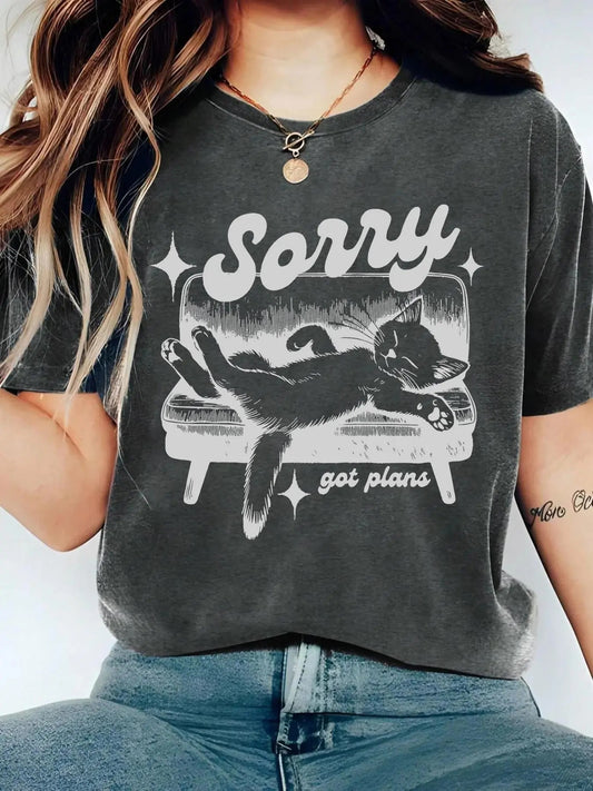 Women's Cartoon Cat Print Round Neck Tee, Fashion Casual Crew Neck T-shirt for Daily Holiday Vacation Outdoor Wear,...