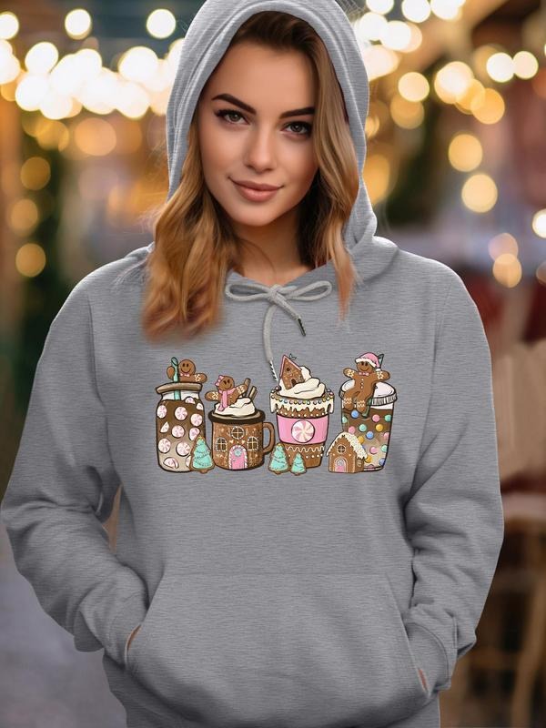 Women's Cartoon Christmas Print Drawstring Pocket Hoodie, Casual Drop Shoulder Long Sleeve Hooded Sweatshirt, Ladies Fall...
