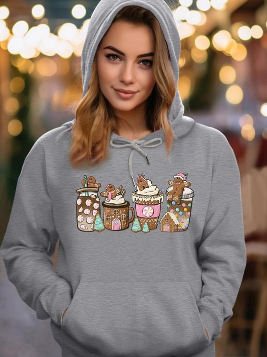 Women's Cartoon Christmas Print Drawstring Pocket Hoodie, Casual Drop Shoulder Long Sleeve Hooded Sweatshirt, Ladies Fall...