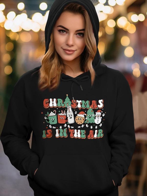 Women's Cartoon Christmas Print Drop Shoulder Hoodie, Fashion Casual Drawstring Pocket Hooded Sweatshirt for Daily...