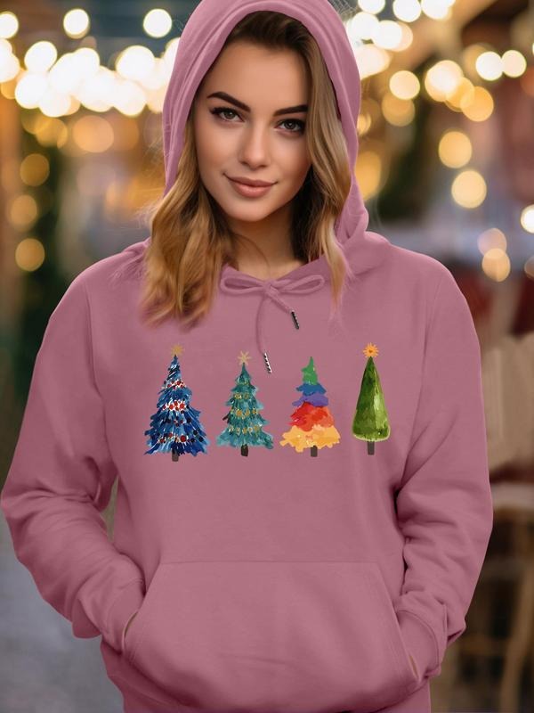 Women's Cartoon Christmas Tree Print Drawstring Pocket Hoodie, Fashion Casual Long Sleeve Hooded Sweatshirt for Daily...