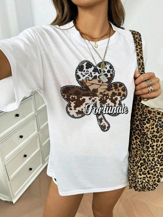 Women's Cartoon Clover Print Round Neck Tee, Fashion Casual Crew Neck T-Shirt for Daily Holiday Vacation Outdoor Wear,...