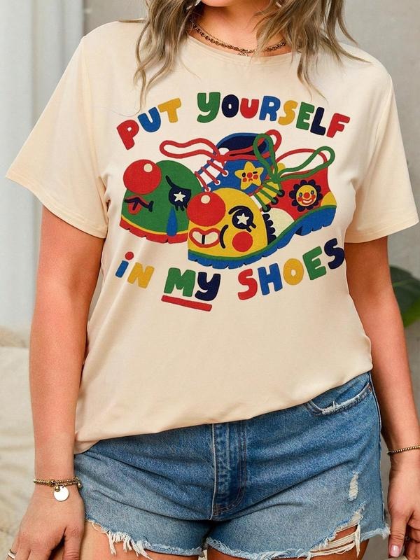 Women's Cartoon Clown Shoes & Letter Print Round Neck Tee, Fashion Casual Crew Neck T-shirt for Daily Holiday Vacation...