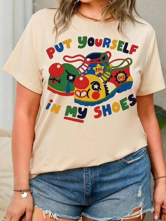 Women's Cartoon Clown Shoes & Letter Print Round Neck Tee, Fashion Casual Crew Neck T-shirt for Daily Holiday Vacation...