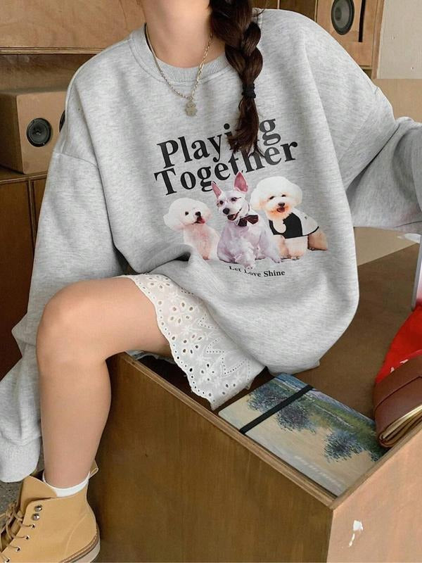 Women's Cartoon Dog & Letter Print Drop Shoulder Sweatshirt, Casual Long Sleeve Round Neck Pullover for Fall & Winter,...
