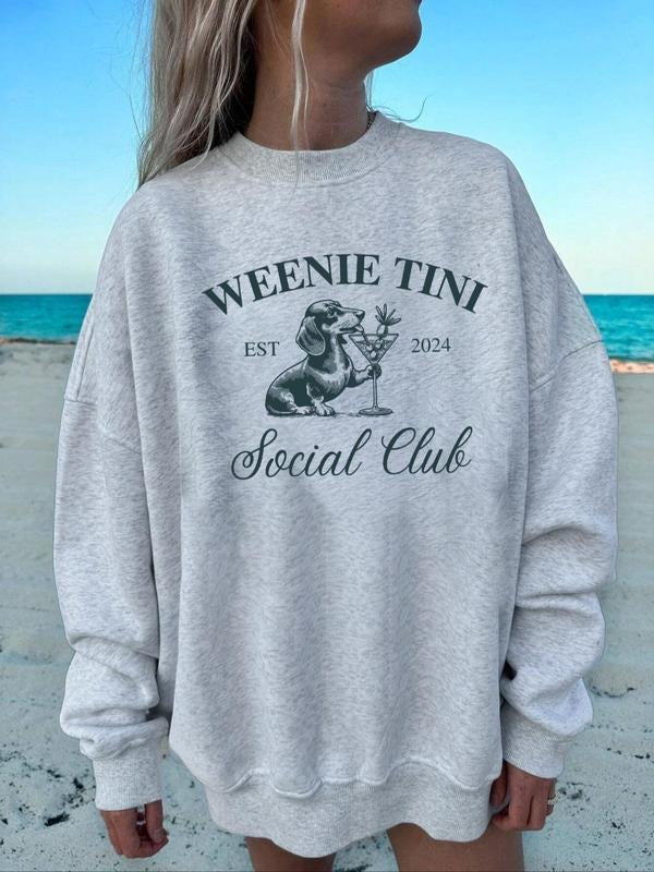 Women's Cartoon Dog & Letter Print Drop Shoulder Thermal Lined Sweatshirt, Casual Long Sleeve Round Neck Pullover for...