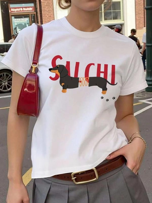 Women's Cartoon Dog & Letter Print Round Neck Tee, Fashion Casual Crew Neck T-shirt for Daily Holiday Vacation Outdoor...