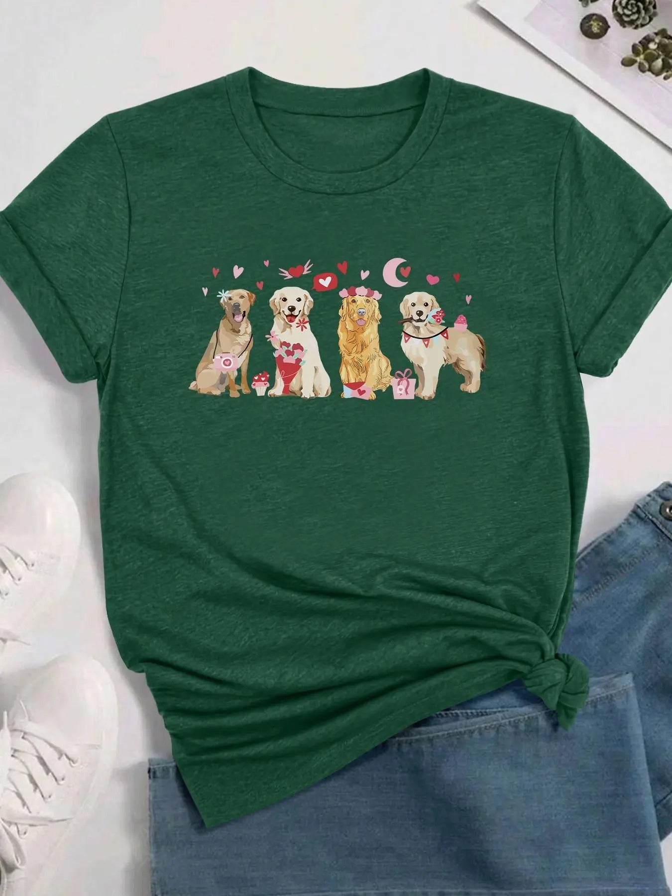 Women's Cartoon Dog Print Round Neck Tee, Fashion Casual Crew Neck Short Sleeve T-shirt for Daily Holiday Vacation...