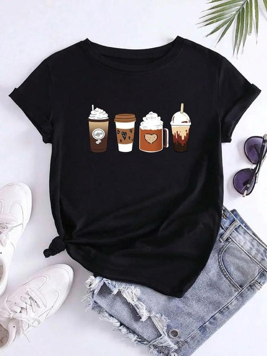Women's Cartoon Drink Print Round Neck Tee, Casual Short Sleeve T-shirt for Daily Wear, Ladies Clothes for All Seasons...