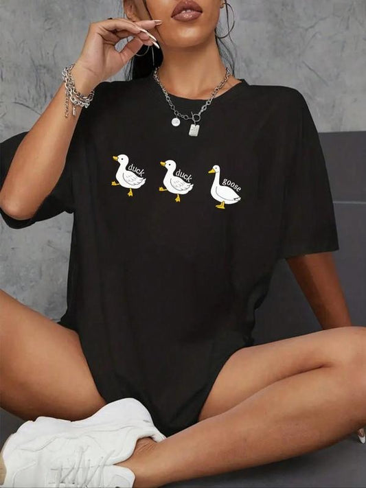 Women's Cartoon Duck Print Drop Shoulder Tee, Casual Half Sleeve Round Neck T-Shirt for Summer, Women's Top for Daily...