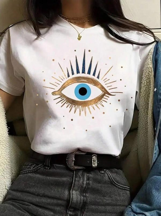 Women's Cartoon Eye Print Round Neck Tee, Casual Short Sleeve Crew Neck T-shirt for Daily Wear, Ladies Clothes for All...