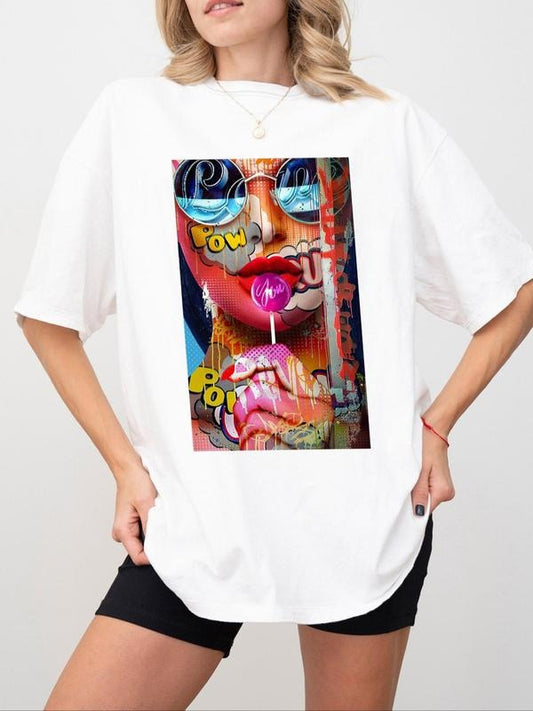 Women's Cartoon Face & Letter Print Drop Shoulder Tee, Casual Half Sleeve Round Neck T-Shirt for Daily Wear, Ladies...