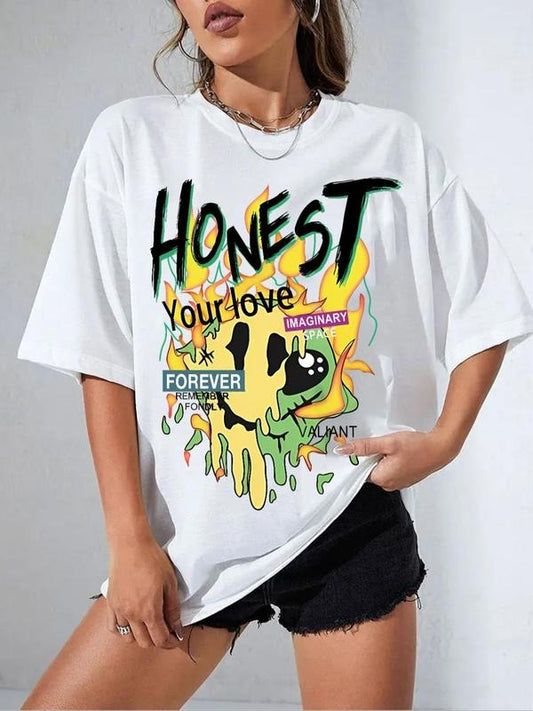Women's Cartoon Face & Letter Print Round Neck Tee, Casual Comfy Drop Shoulder Half Sleeve T-shirt for Daily Wear,...