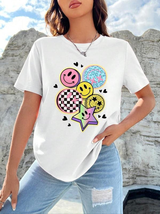 Women's Cartoon Face & Letter Print Round Neck Tee, Cute Fashion Casual Crew Neck T-shirt for Daily Holiday Vacation...