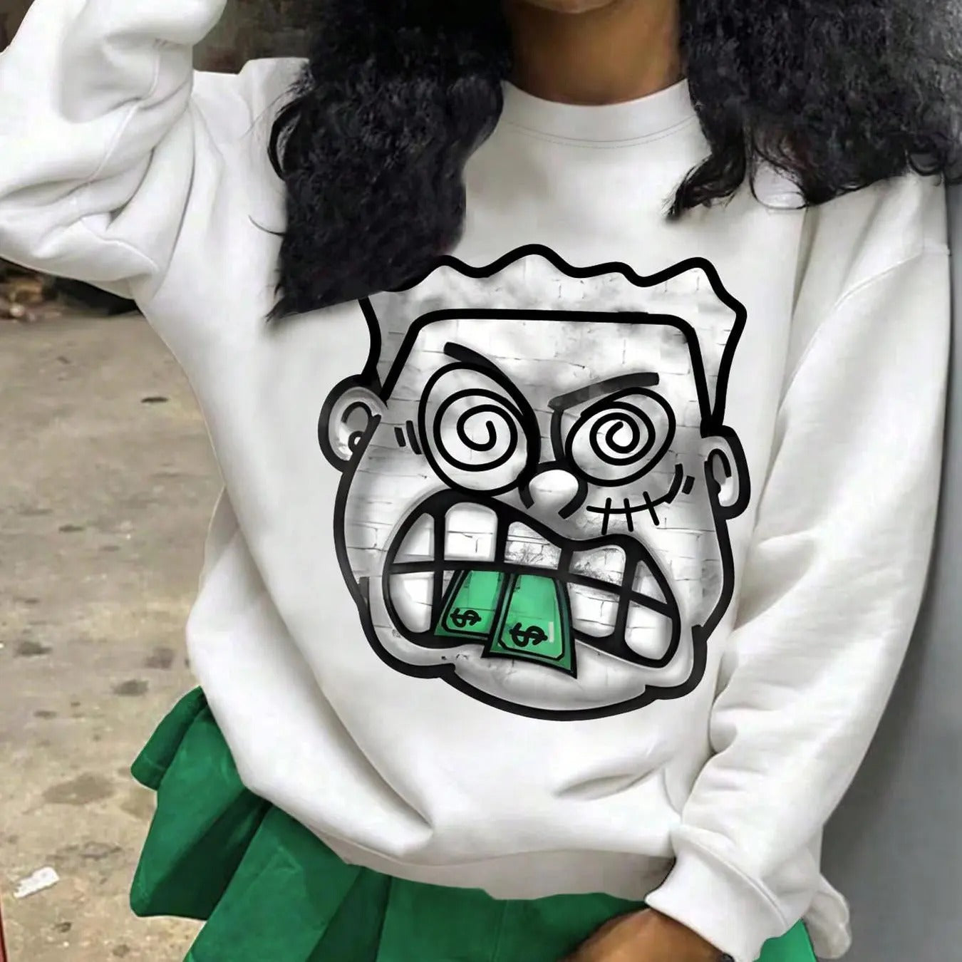 Women's Cartoon Face Print Crew Neck Sweatshirt, Casual Long Sleeve Pullover for Fall & Winter, Women's Clothes for Daily...