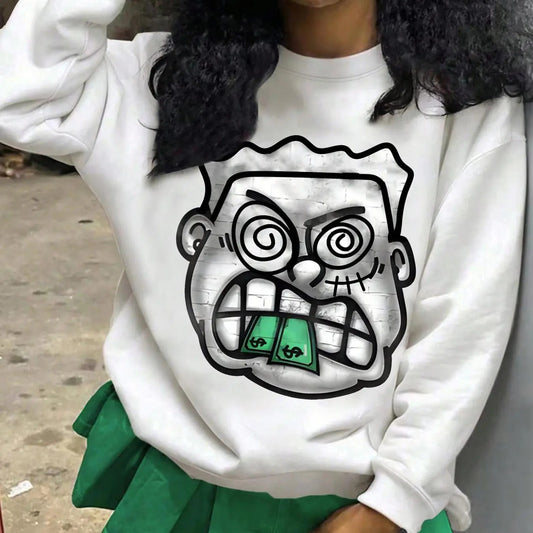 Women's Cartoon Face Print Crew Neck Sweatshirt, Casual Long Sleeve Pullover for Fall & Winter, Women's Clothes for Daily...