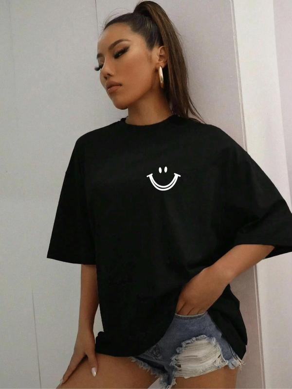Women's Cartoon Face Print Drop Shoulder Tee, Casual Half Sleeve Round Neck T-shirt for Daily Wear, Ladies Clothes for...