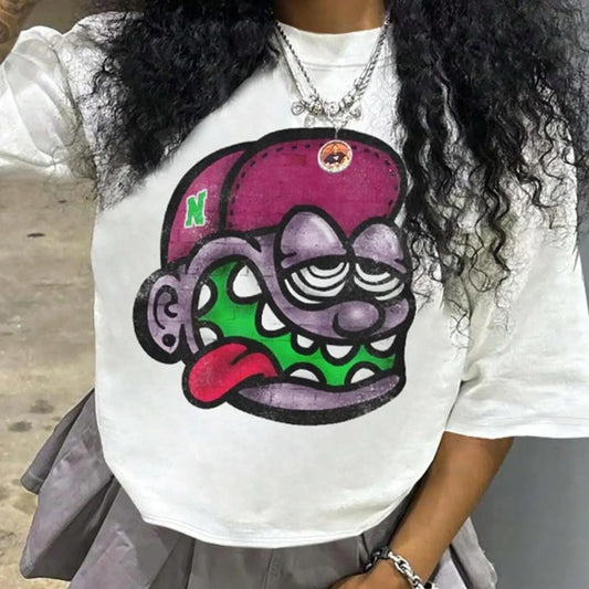 Women's Cartoon Face Print Drop Shoulder Tee, Casual Half Sleeve Round Neck T-shirt for Summer, Fashion Women's Top for...