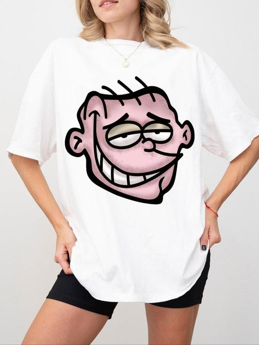 Women's Cartoon Face Print Drop Shoulder Tee, Causal Half Sleeve Round Neck T-shirt for Daily Wear, Ladies Tops for All...