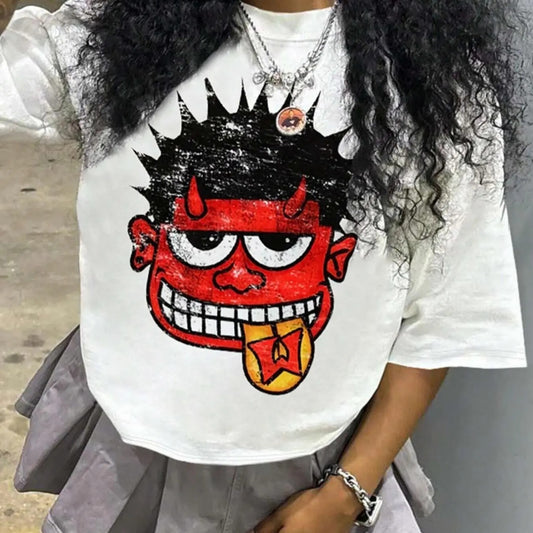 Women's Cartoon Face Print Drop Shoulder Tee, Fashion Casual Crew Neck T-shirt for Daily Holiday Vacation Outdoor Wear,...