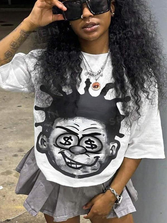 Women's Cartoon Figure Print Drop Shoulder Tee, Fashion Casual Half Sleeve Crew Neck T-shirt for Daily Holiday Vacation...