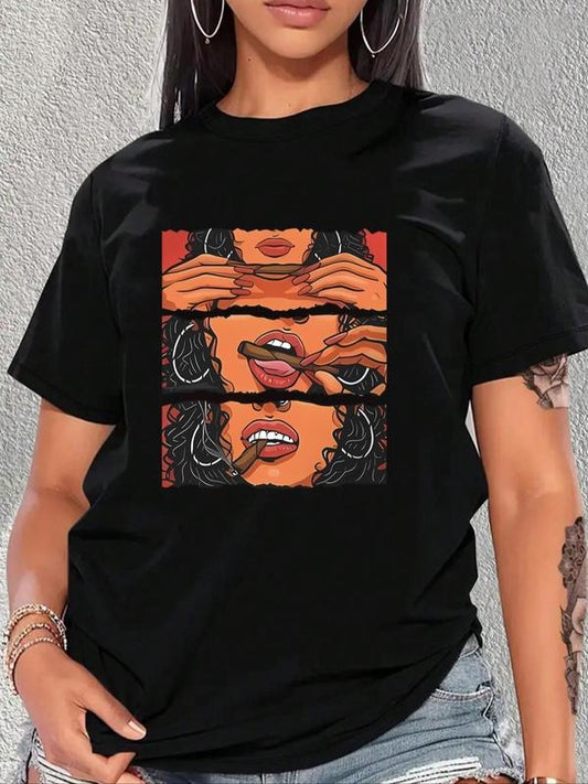 Women's Cartoon Figure Print Round Neck Tee, Fashion Casual Short Sleeve Crew Neck T-shirt for Daily Holiday Vacation...