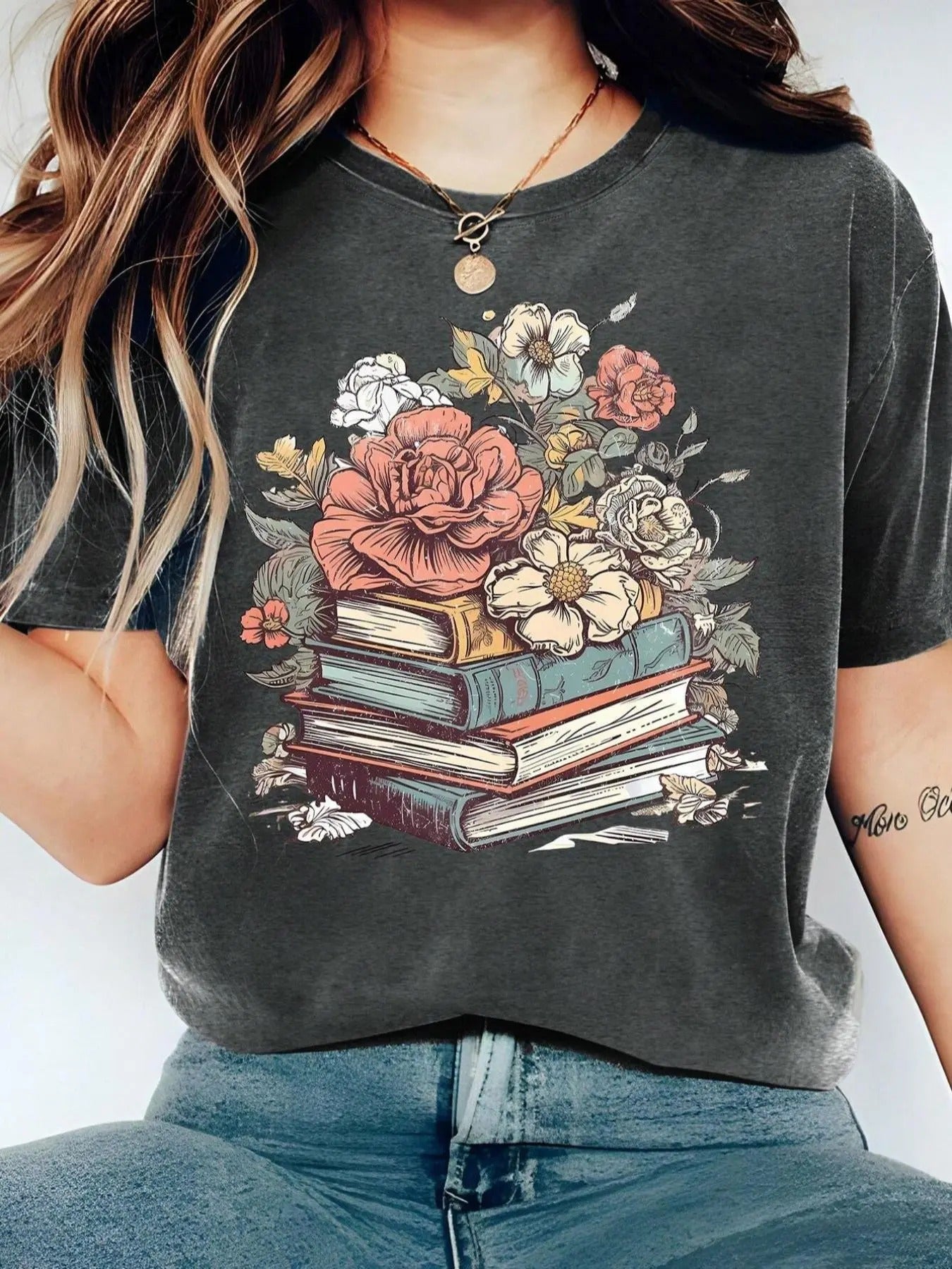 Women's Cartoon Floral & Books Print Round Neck Tee, Fashion Casual Short Sleeve T-shirt, Ladies Summer Clothes for Daily...