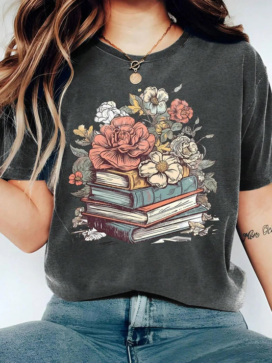 Women's Cartoon Floral & Books Print Round Neck Tee, Fashion Casual Short Sleeve T-shirt, Ladies Summer Clothes for Daily...