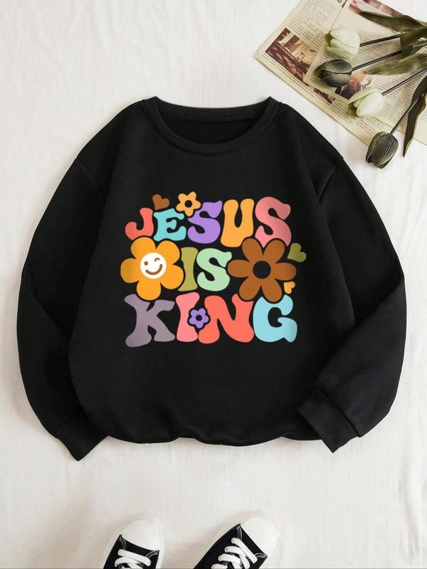 Women's Cartoon Floral & Letter Print Drop Shoulder Sweatshirt, Casual Long-Sleeve Crew Neck Pullover For Daily Wear,...