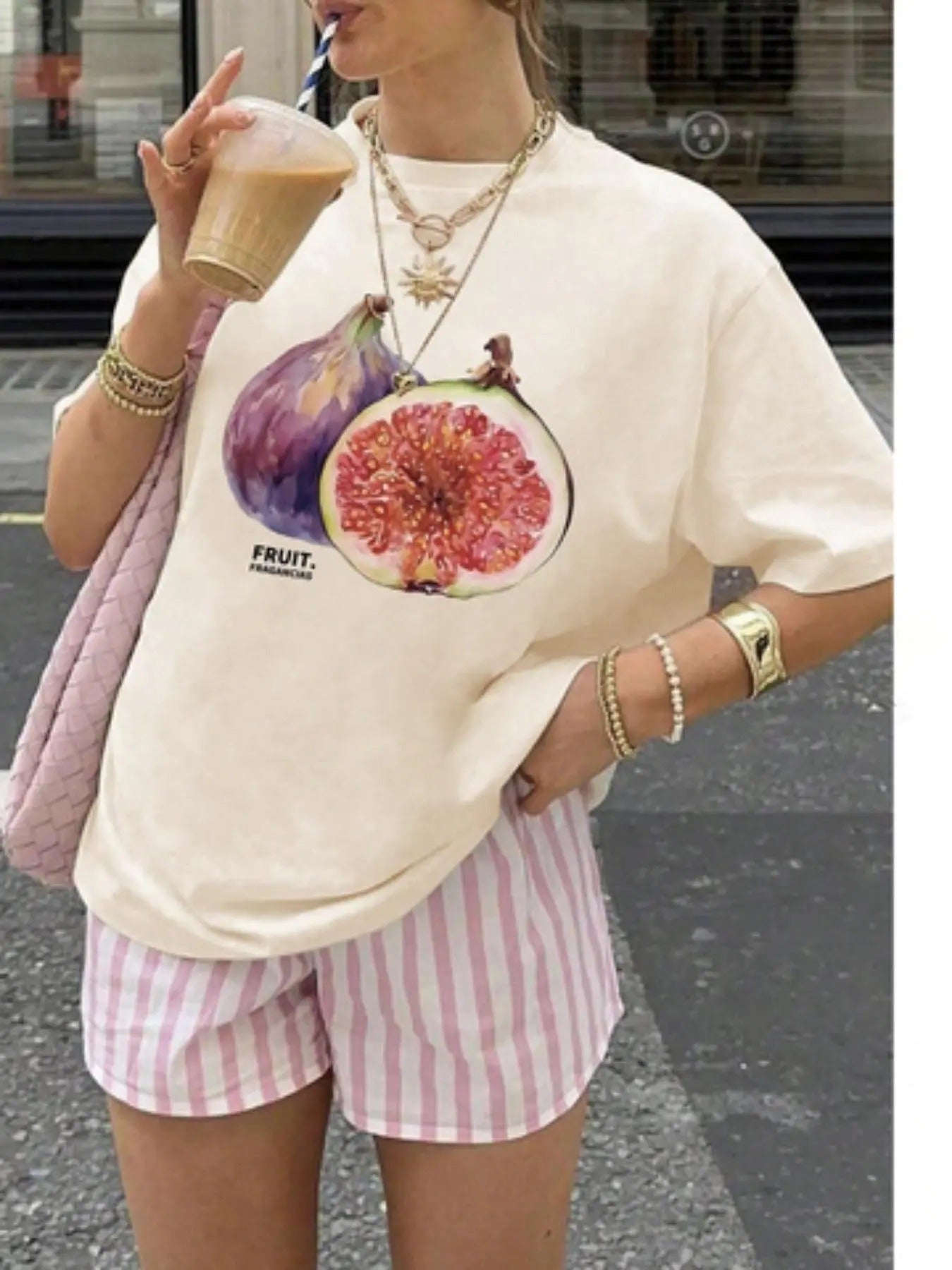 Women's Cartoon Fruit Print Round Neck Tee, Fashion Casual Short Sleeve T-shirt for Daily Wear, Ladies Summer Clothes,...