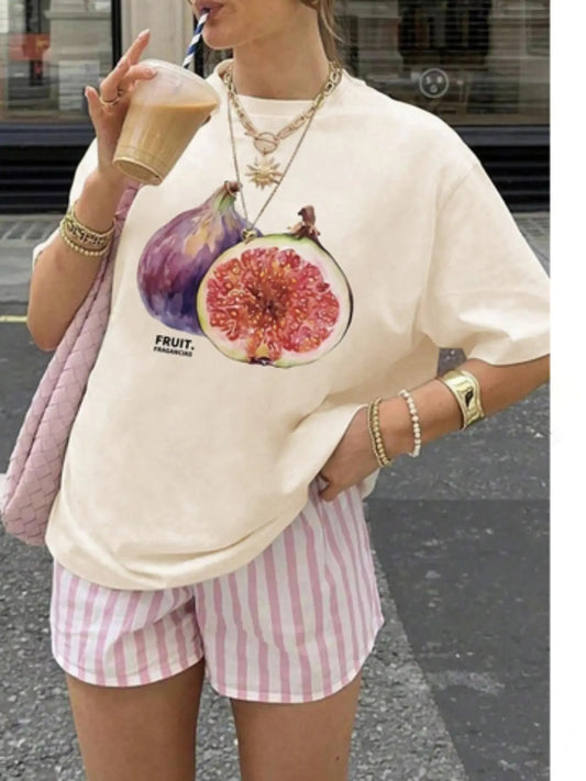 Women's Cartoon Fruit Print Round Neck Tee, Fashion Casual Short Sleeve T-shirt for Daily Wear, Ladies Summer Clothes,...