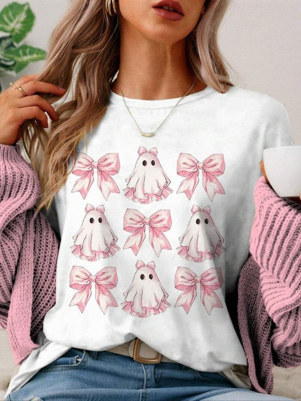 Women's Cartoon Ghost & Bow Print Round Neck Tee, Fashion Casual Drop Shoulder Short Sleeve T-shirt, Ladies Summer...