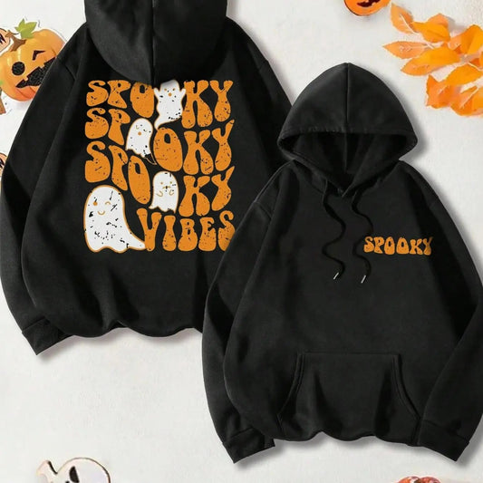 Women's Cartoon Ghost & Letter Print Drop Shoulder Hoodie, Halloween Fashion Casual Drawstring Pocket Hooded Sweatshirt...