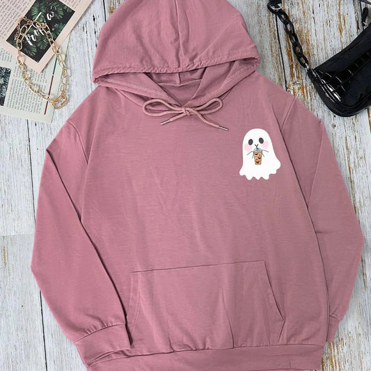 Women's Cartoon Ghost Print Drawstring Pocket Hoodie, Casual Long Sleeve Hooded Sweatshirt for Fall & Winter, Women's...