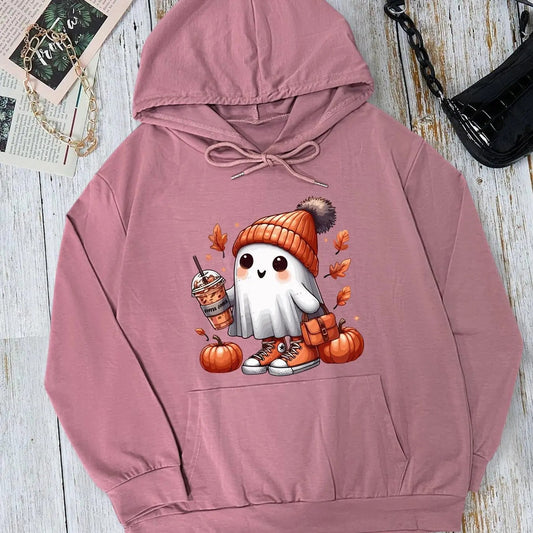 Women's Cartoon Ghost Print Drop Shoulder Drawstring Hoodie, Fashion Casual Pocket Hooded Sweatshirt for Daily Holiday...