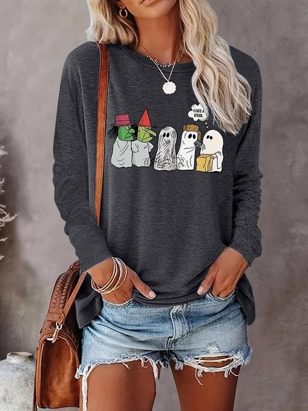 Women's Cartoon Ghost Print Drop Shoulder Tee, Casual Long Sleeve Round Neck T-Shirt for Spring & Fall, Women's Top for...
