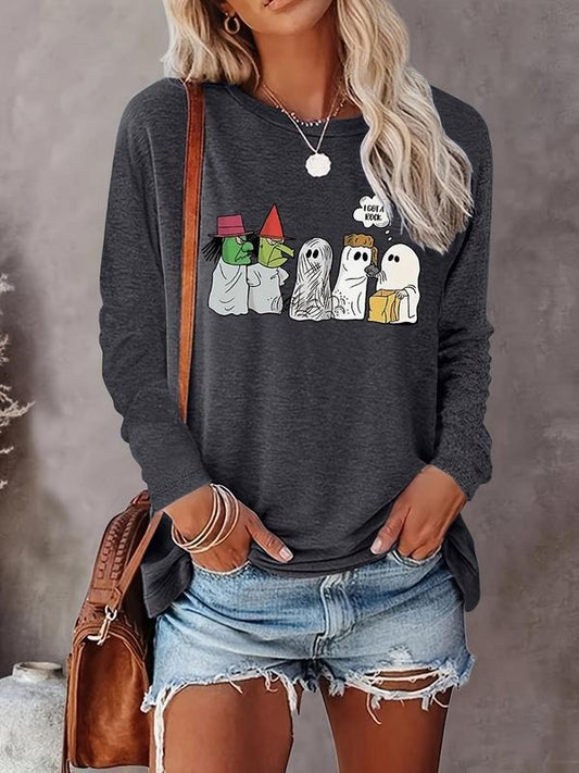 Women's Cartoon Ghost Print Drop Shoulder Tee, Casual Long Sleeve Round Neck T-Shirt for Spring & Fall, Women's Top for...
