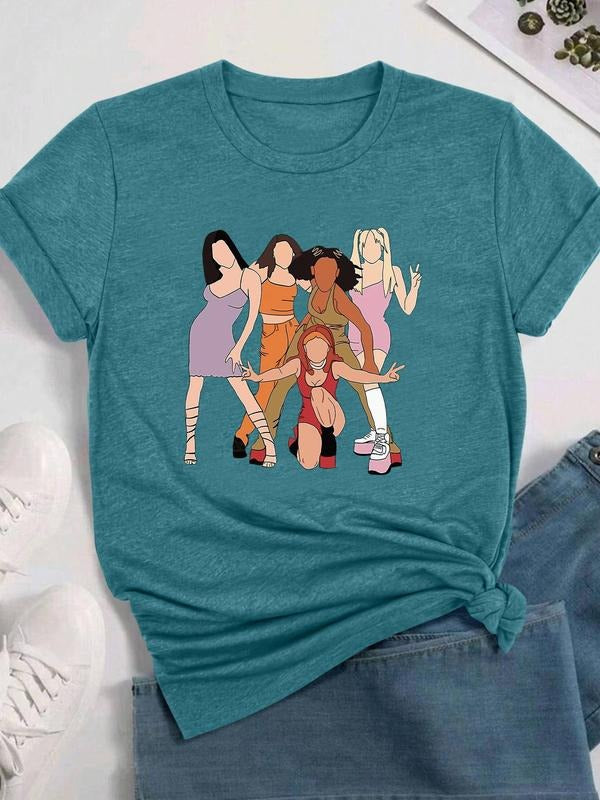 Women's Cartoon Girl Print Round Neck Tee, Fashion Casual Crew Neck T-shirt for Daily Holiday Vacation Outdoor Wear,...
