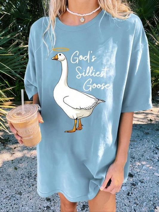 Women's Cartoon Goose & Letter Print Drop Shoulder Tee, Casual Half Sleeve Round Neck T-shirt for Summer, Ladies Clothes...