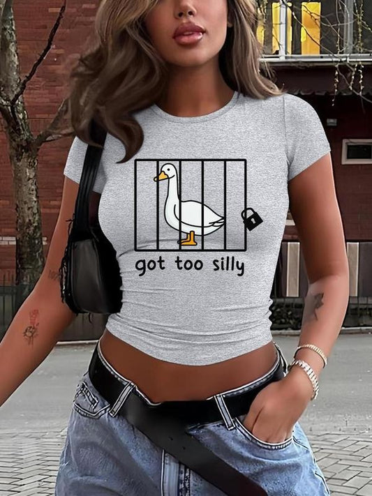 Women's Cartoon Goose & Letter Print Round Neck Tee, Fashion Casual Crew Neck T-shirt for Daily Holiday Vacation Outdoor...