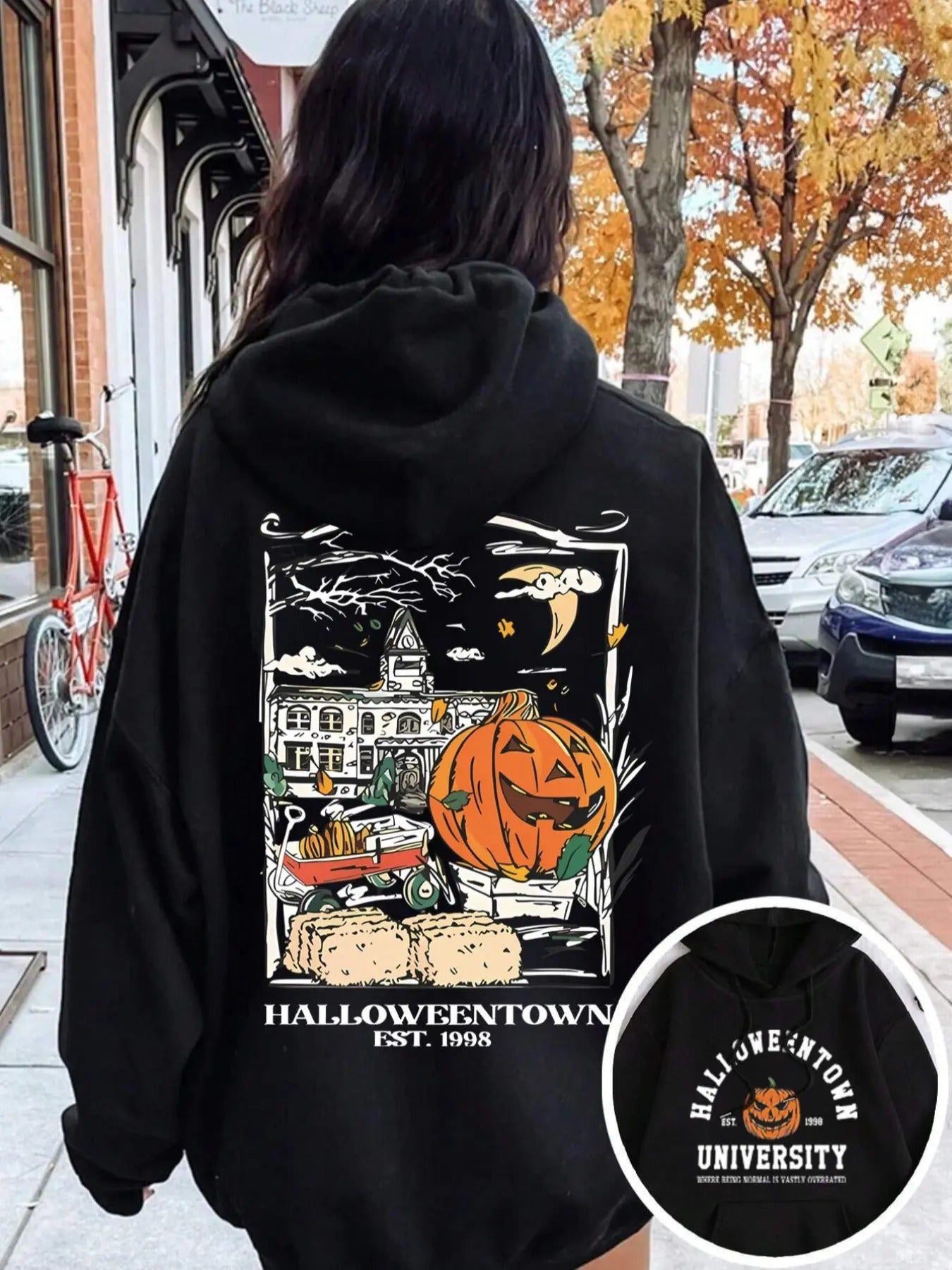 Women's Cartoon Graphic Print Drawstring Pocket Hoodie, Casual Halloween Drop Shoulder Long Sleeve Hooded Sweatshirt,...