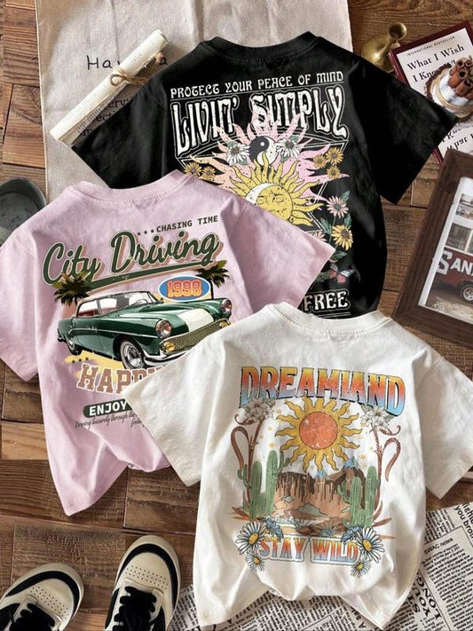 Women's Cartoon Graphic Print Round Neck Tee, Back To School Outfits, Fashion Casual Drop Shoulder Short Sleeve T-shirt,...