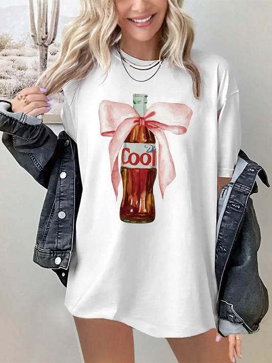 Women's Cartoon Graphic Print Round Neck Tee, Fashion Casual Drop Shoulder Short Sleeve T-shirt, Ladies Summer Clothes...
