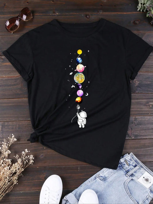 Women's Cartoon Graphic Print Round Neck Tee, Fashion Casual Short Sleeve T-shirt for Daily Wear, Ladies Summer Clothes...