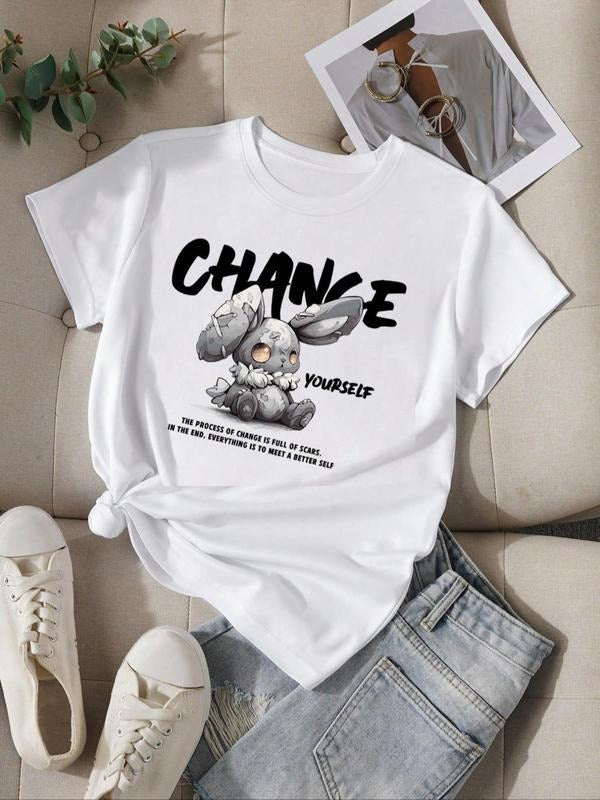 Women's Cartoon Graphic Print Round Neck Tee, Summer Clothes Women, Casual Short Sleeve T-shirt for Daily Vacation...
