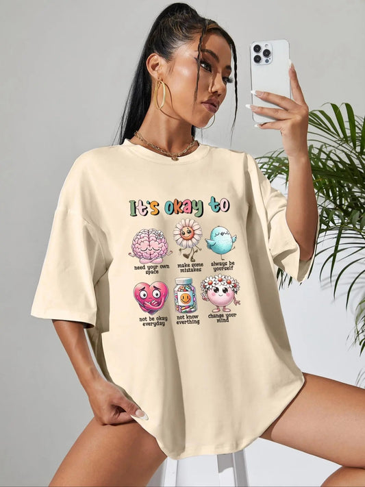 Women's Cartoon Graphic Round Neck Tee, Casual Drop Shoulder Half Sleeve T-shirt for Daily Wear, Ladies Clothes for All...