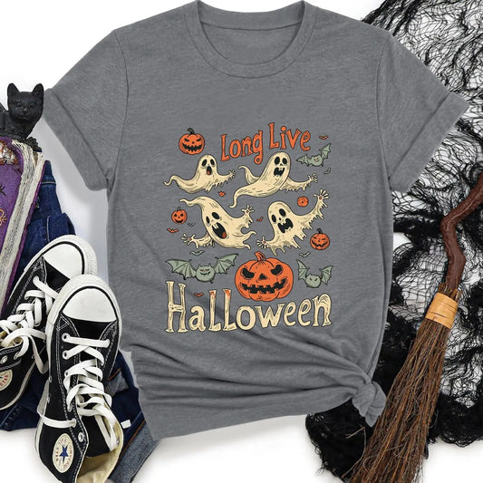 Women's Cartoon Halloween Print Round Neck Tee, Fashion Casual Short Sleeve T-shirt for Daily Wear, Ladies Clothes for...