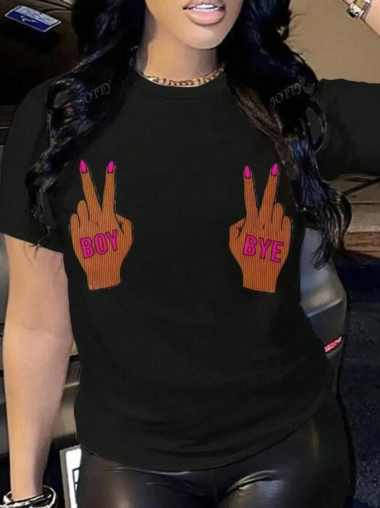Women's Cartoon Hand Gesture Print Round Neck Tee, Fashion Casual Crew Neck T-Shirt for Daily Holiday Vacation Outdoor...