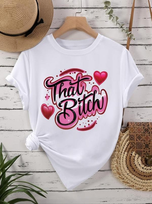 Women's Cartoon Heart & Letter Print Round Neck Tee, Fashion Casual Short Sleeve T-shirt for Daily Wear, Ladies Summer...